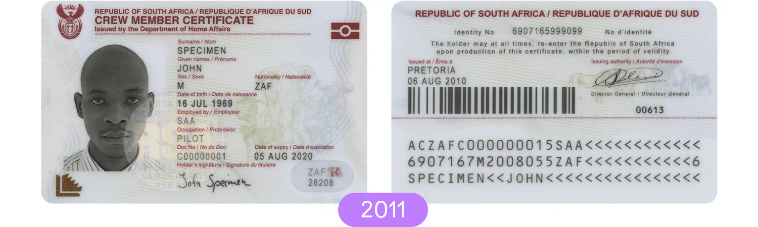 South African crew member certificate (front and back)
